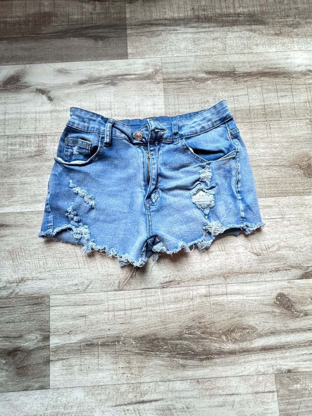 High Rise Distressed Raw Hem Denim Shorts
